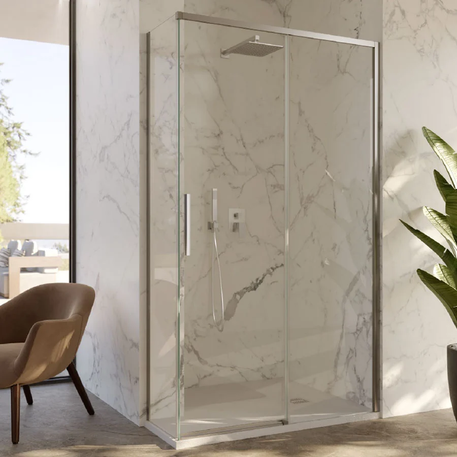Cabine de douche d'angle 70x160 avec côté fixe et porte coulissante en cristal 6 mm et profilé chromé brillant version droite