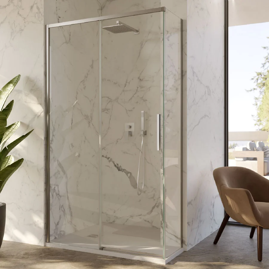Cabine de douche d'angle 80x100 avec côté fixe et porte coulissante en cristal 6 mm et profilé acier chromé brillant versi...
