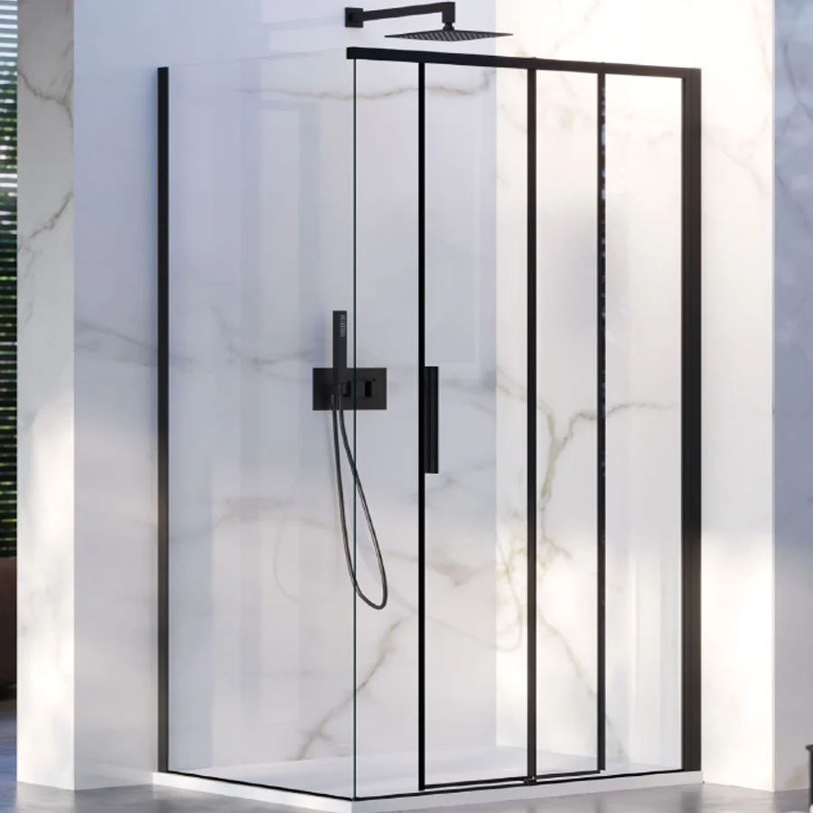 Cabine de douche d'angle 80x130 avec côté fixe et porte coulissante en cristal 6 mm et profilé noir Version droite