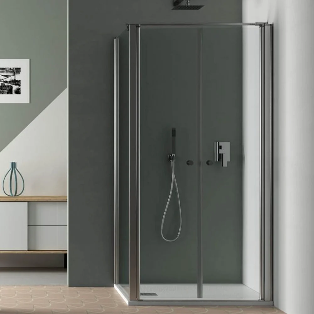 Cabine de douche d'angle 85x80 avec porte à ouverture saloon et paroi fixe en verre translucide 6 mm