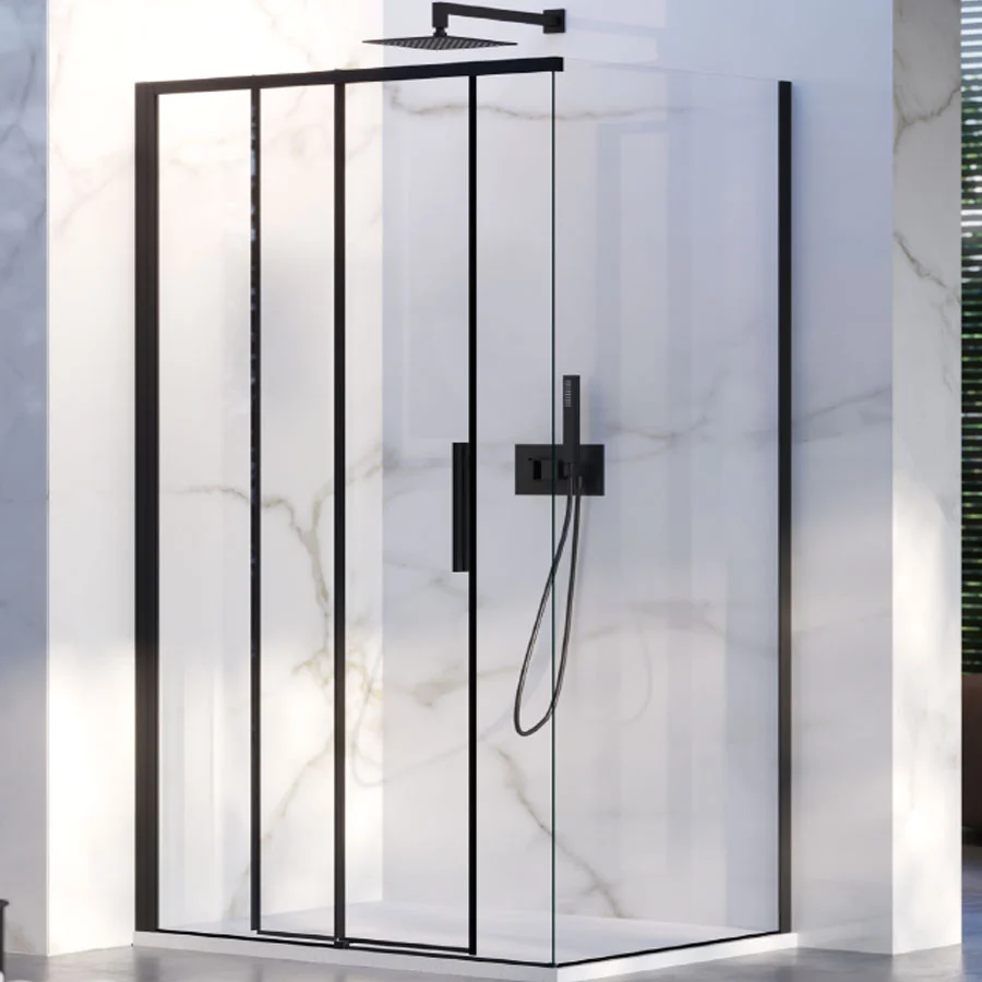 Cabine de douche d'angle 90x140 avec côté fixe et porte coulissante en cristal 6 mm et profilé noir Version gauche