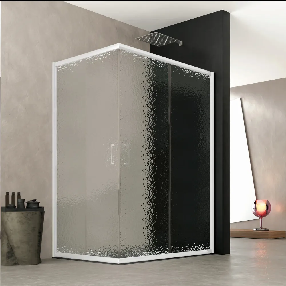 Cabine de douche d'angle ouverture coulissante 90x100cm verre imprimé C profil blanc Océanie