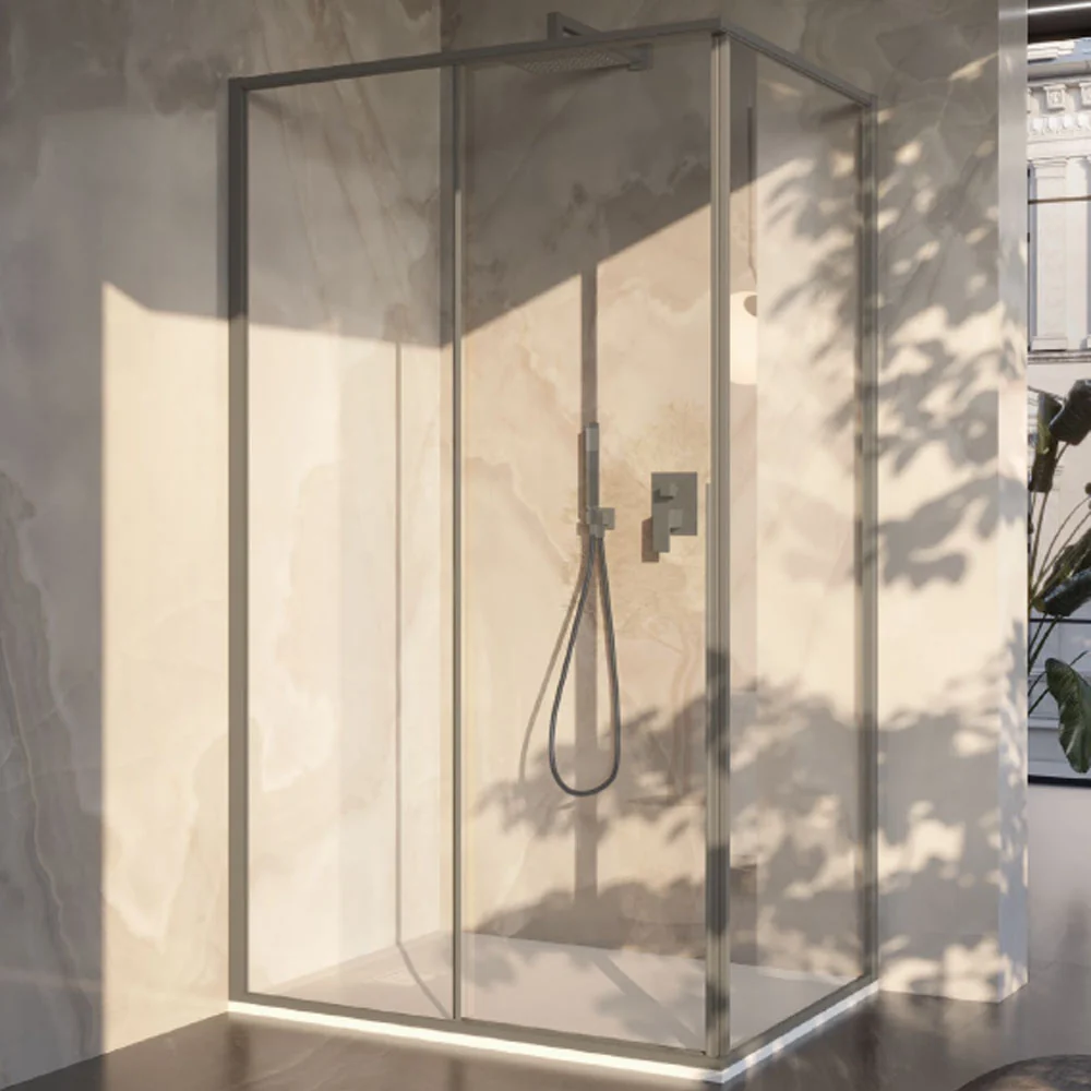 Cabine de douche rectangulaire 90x115 en verre de 6 mm et profil minimal en aluminium couleur Taupe. Version gauche