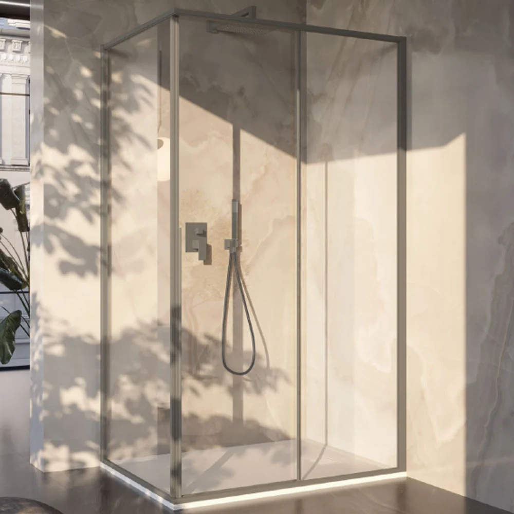 Cabine de douche rectangulaire 90x130 en verre de 6 mm et profil minimal en aluminium couleur Taupe. Version droite