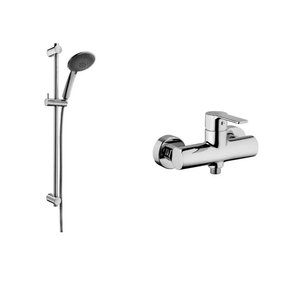 Ensemble coulissant avec barre et flexible en VINYLE argenté pour douche Prestige et mitigeur de douche extérieur monocomm...