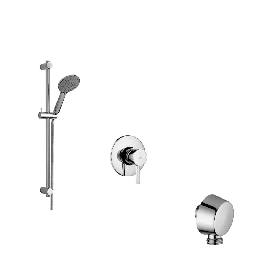 Ensemble coulissant avec barre en métal, mitigeur de douche encastré et prise d'eau ronde murale, Paffoni