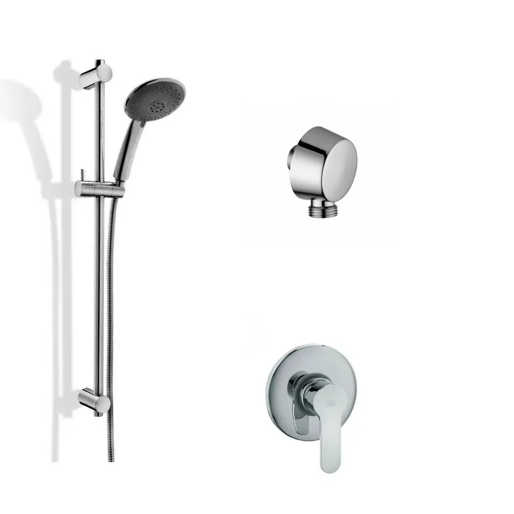 Ensemble coulissant de douche en laiton chromé avec mitigeur de douche encastré et prise d'eau ronde murale
