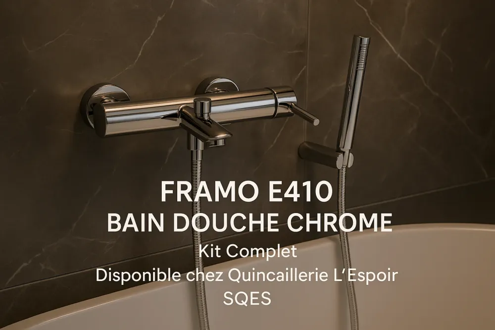 Mitigeur Bain Douche FRAMO E410 Chrome + Flexible, Douchette et Support - Kit Total
