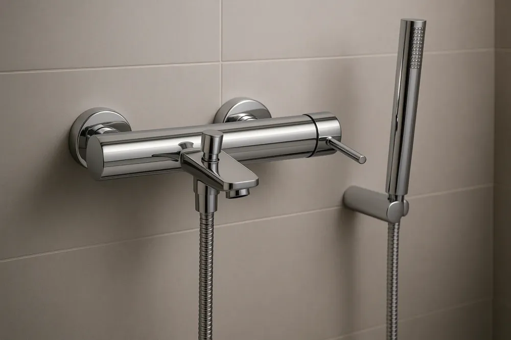 Mitigeur Bain Douche FRAMO E410 Chrome + Flexible, Douchette et Support - Kit Total