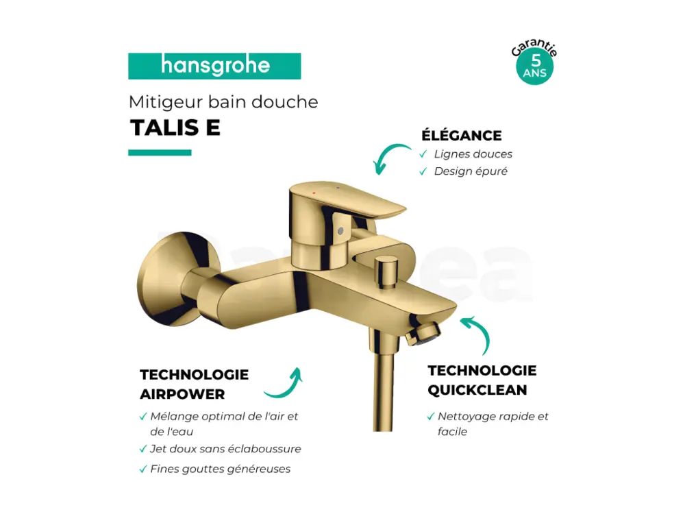 Mitigeur bain douche mécanique HANSGROHE Talis E aspect doré poli | Économie d'Eau | Haute Pression