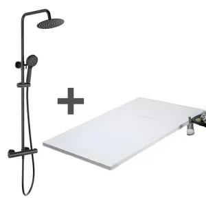 Pack Receveur de douche 90 x 180 cm extra plat Blanc + Colonne de douche thermostatique Finition noir mat