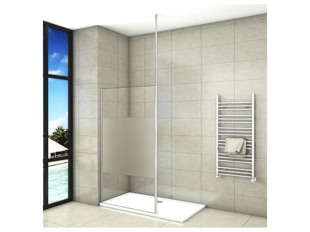 Paroi de douche 140x200cm avec barre de fixation au plafond 203-320cm, paroi de douche à l'italienne en 8mm verre ban...