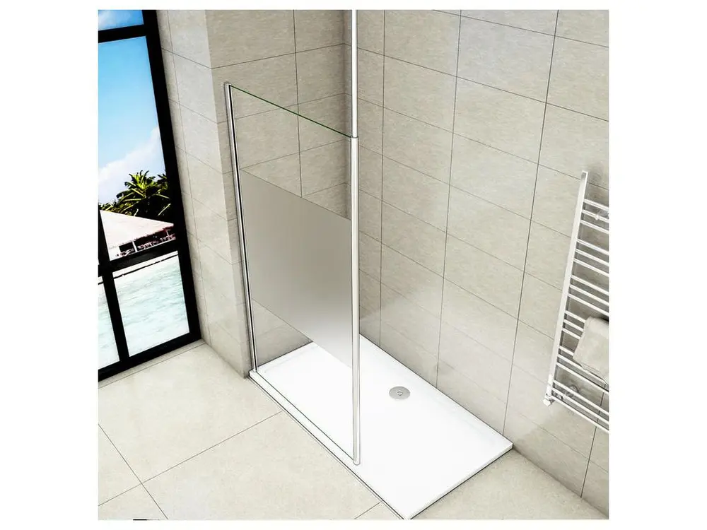 Paroi de douche 140x200cm avec barre de fixation au plafond 203-320cm, paroi de douche à l'italienne en 8mm verre ban...
