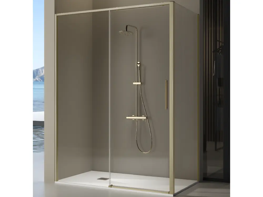 Paroi de douche fixe + porte coulissante DELTA or brossé 121-122 cm