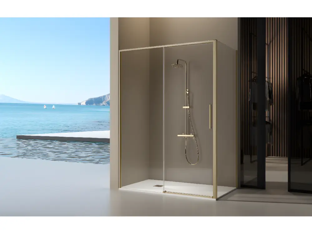 Paroi de douche fixe + porte coulissante DELTA or brossé 121-122 cm