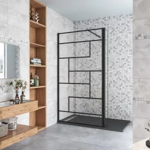 Paroi de douche à l'italienne 70+40x200cm avec barre de fixation noire 140cm recoupable, paroi de douche style modèle...