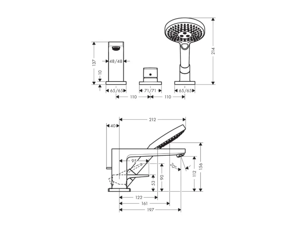 Robinet mitigeur bain douche 3 trous poignée étrier HANSGROHE Metropol avec Secuflex chromé