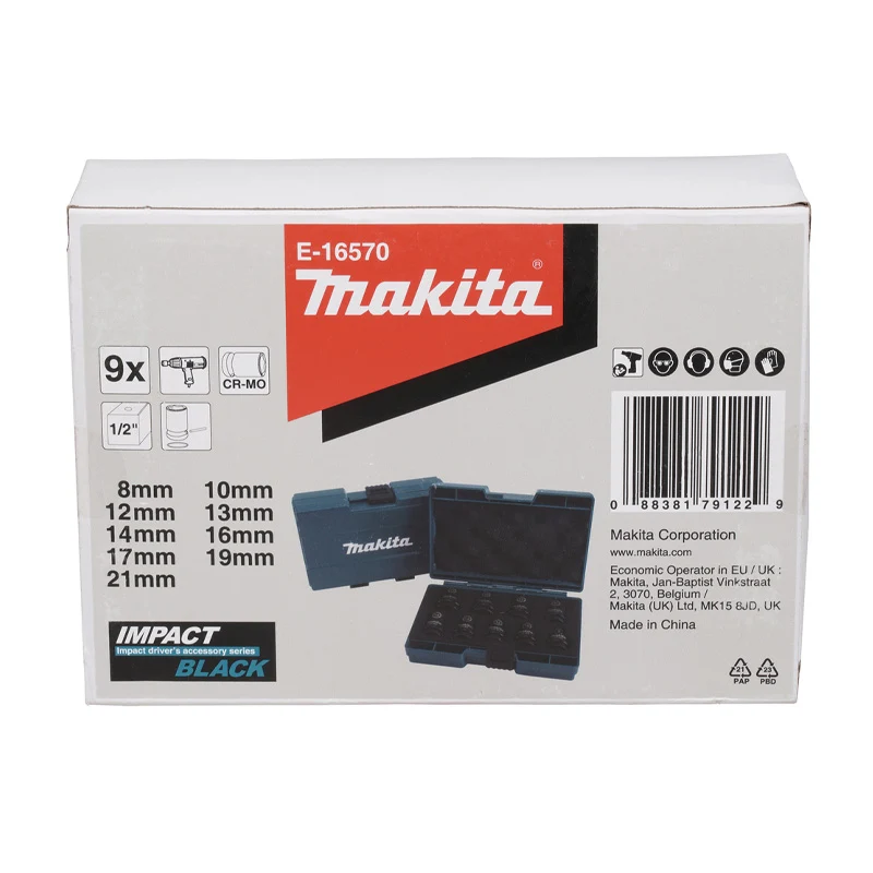 Coffret de 9 douilles carrée 1/2" IMPACT NOIR JAIS Makita E-16570 de 8 à 21mm