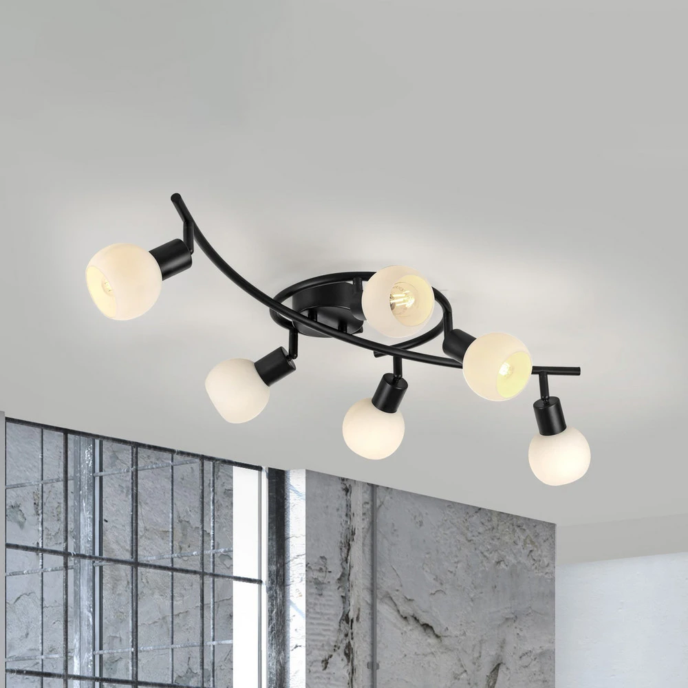 JUST LIGHT. Plafonnier Loki, à 6 lampes, noir, fer, verre (Certifié CE)
