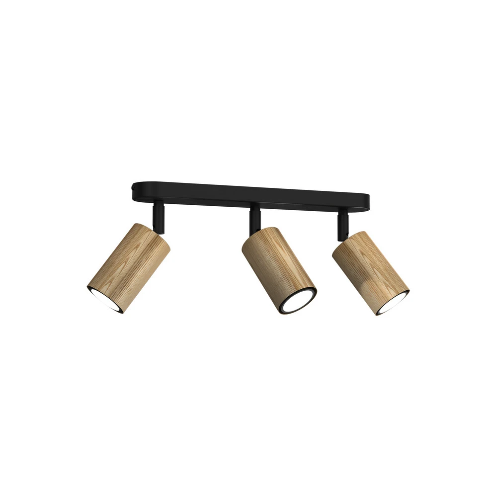 Plafonnier Nise, 3 lampes, allongé, acier noir, bois en papier artisanal