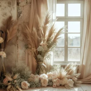 Toile de Fond Boho Fenêtre Ensoleillée Pampas Rose GQ2-40