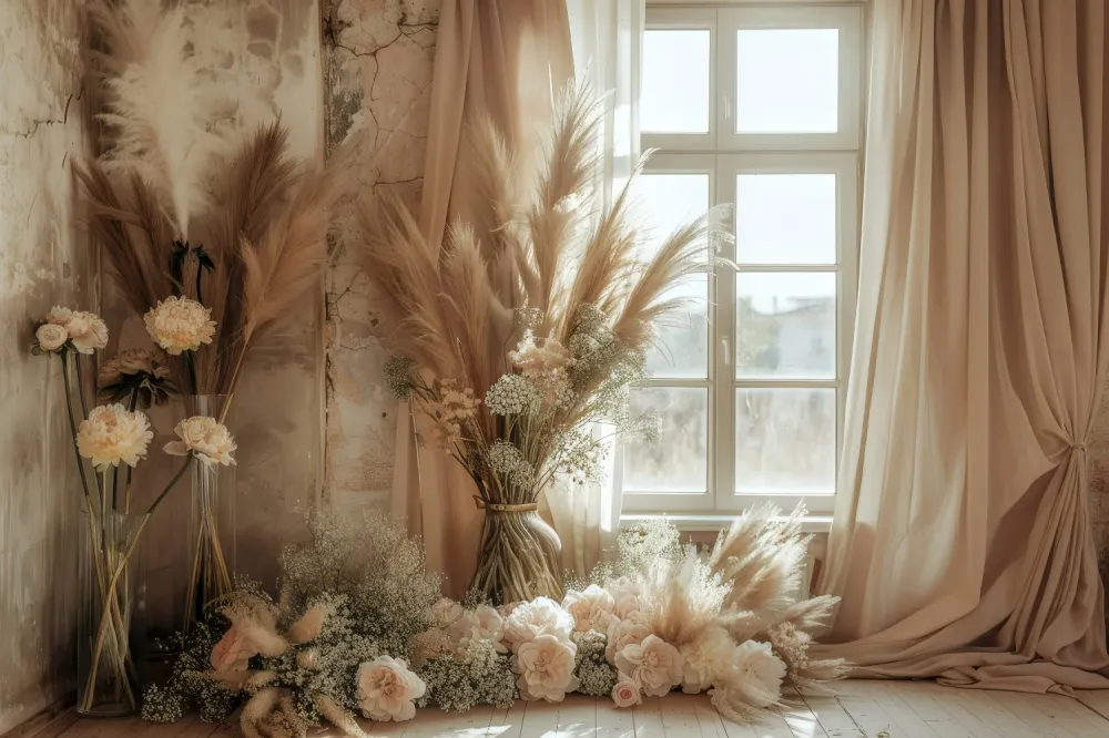 Toile de Fond Boho Fenêtre Ensoleillée Pampas Rose GQ2-40