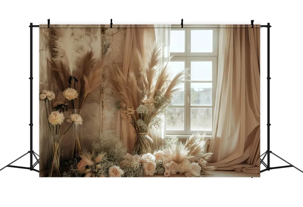 Toile de Fond Boho Fenêtre Ensoleillée Pampas Rose GQ2-40