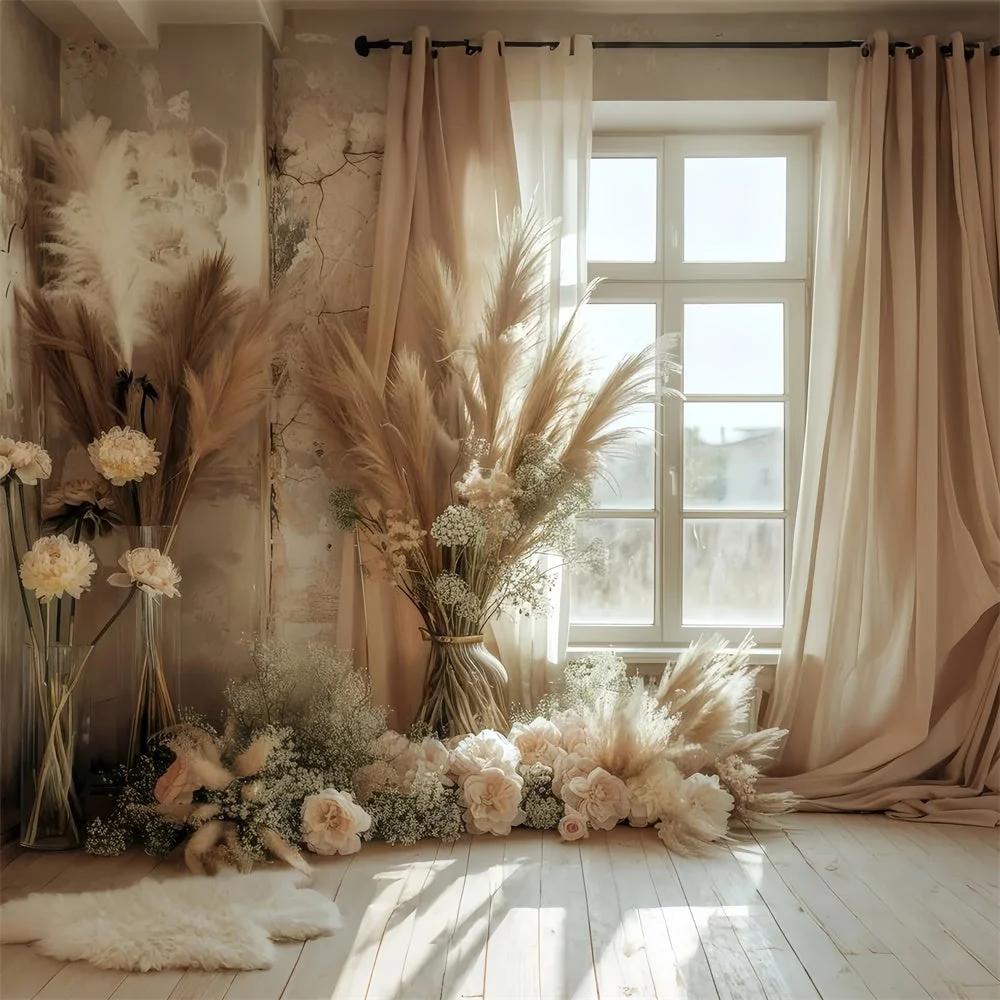 Toile de Fond Boho Fenêtre Ensoleillée Pampas Rose GQ2-40