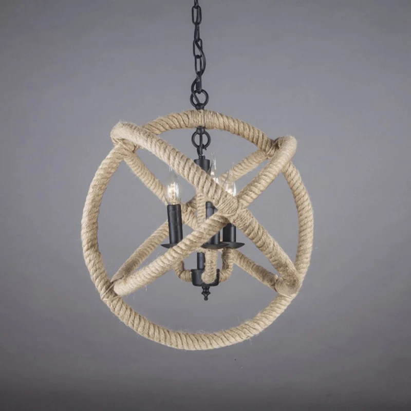 Lustre suspendu Globe en orbite blanche, corde de chanvre de dur, 3 ampoules, plafonnier de salle à manger