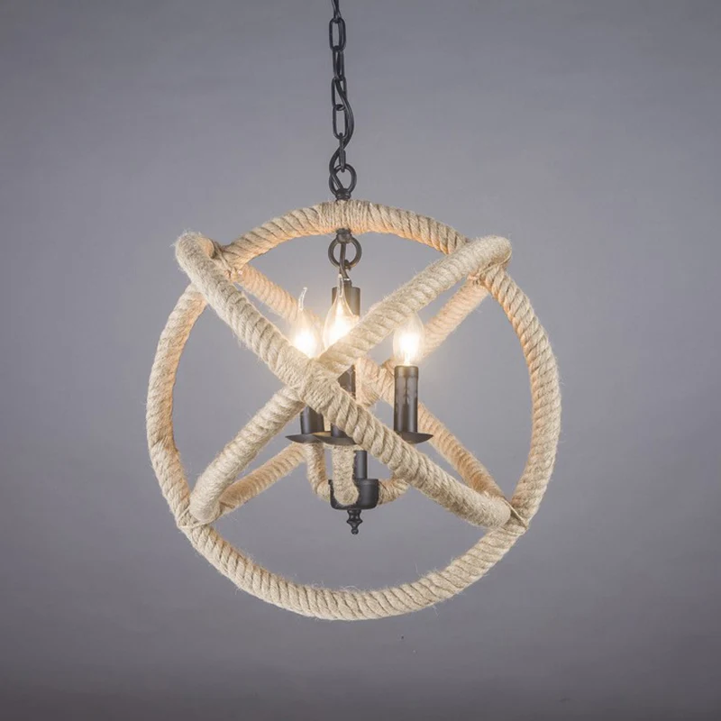 Lustre suspendu Globe en orbite blanche, corde de chanvre de dur, 3 ampoules, plafonnier de salle à manger