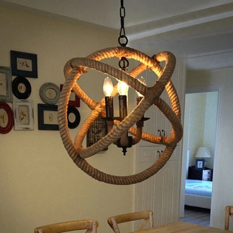 Lustre suspendu Globe en orbite blanche, corde de chanvre de dur, 3 ampoules, plafonnier de salle à manger
