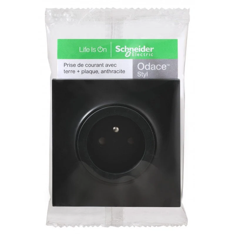 Prise de courant ODACE avec terre + plaque anthracite SCHNEIDER