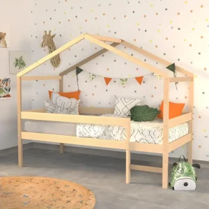 Lit cabane MIKA 90x190 + sommier + matelas IRIS / Naturel pour situation de crise