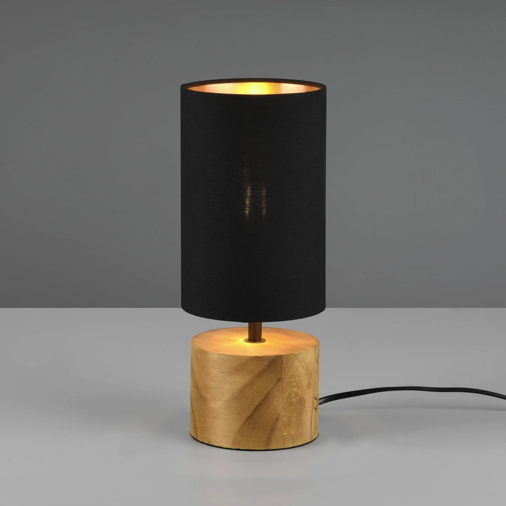 Luminaire de plafond design contemporain Lampe à poser Woody, bois/tissu, cylindre, noire