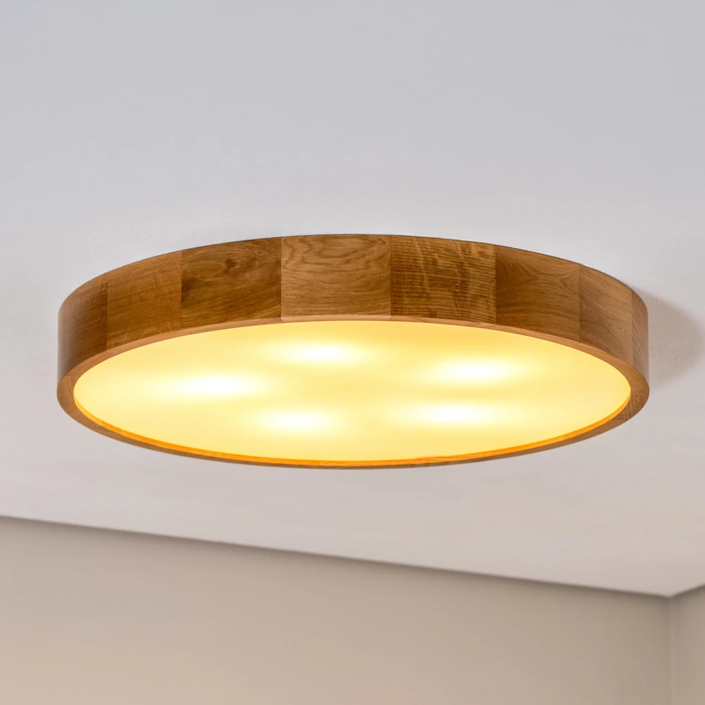 Plafonnier à suspension réglable Plafonnier Cleo, Ø 57,5 cm, 5 lampes, bois de chêne, E27