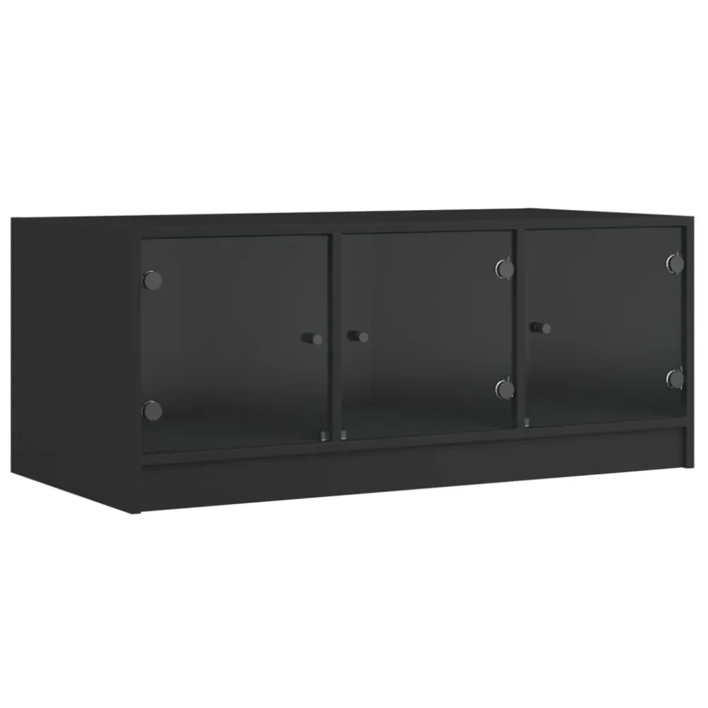 Table basse de salon design contemporain avec portes vitée 102 x 50 x 42 cm bois d'ingénierie noir et verre DEC037737
