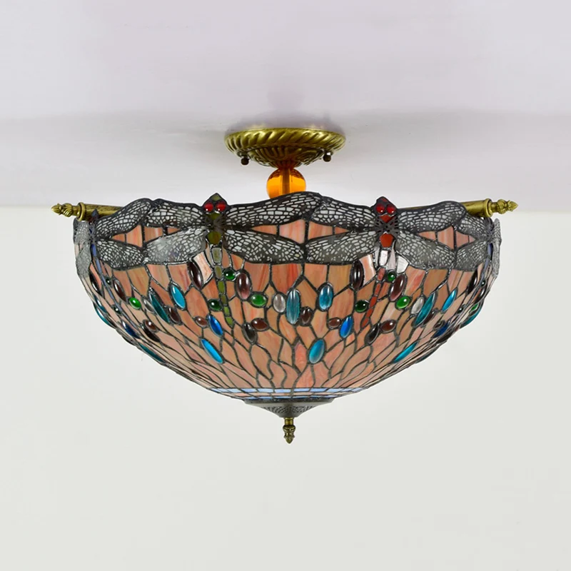 Abat-jour conique Libellen-Deckenleuchte im Tiffany-Stil, gebeiztes Kunstglas, 5 Köpfe, rot/blau, halbbündige Montageleuchte