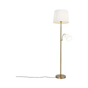 Lampadaire classique cuivre étain abat-jour en tissu blanc avec lampe de lecture - Retro