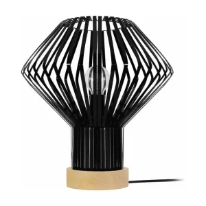 Lampe poser bois, conique métal noir35 cm. avec câble textile