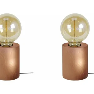 Lampe de signalisation Pair de Lampes de chevet cylindre bois cuivre 21 cm.