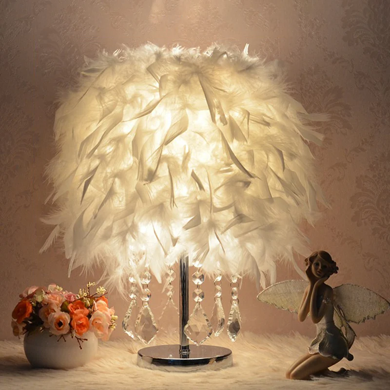 Lampe de table de chevet cylindrique de style actuel, lampe de table de chambre à coucher en plumes avec goutte à goutte e...