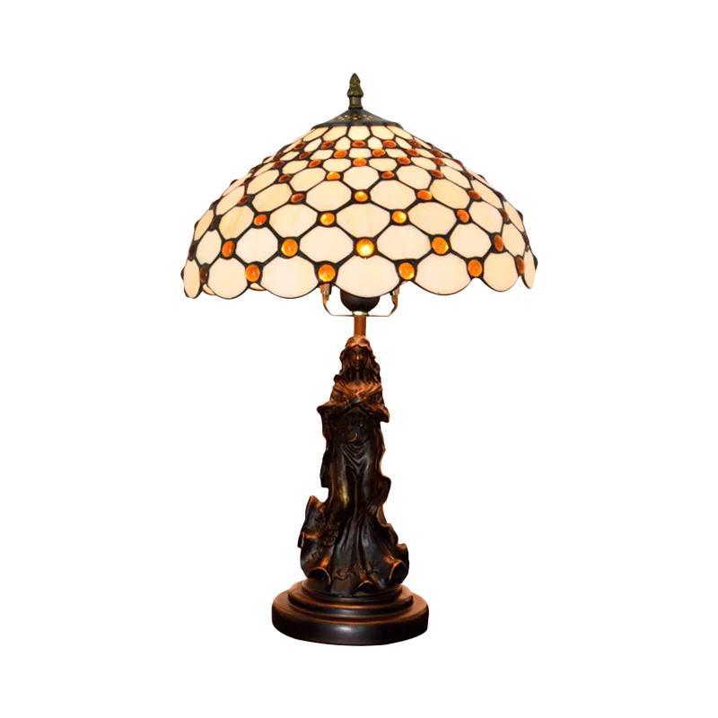 Haute Qualité Lampe de table Tiffany à 1 lumière en verre blanc/beige avec grille ornée de cabochons et décor d'ange