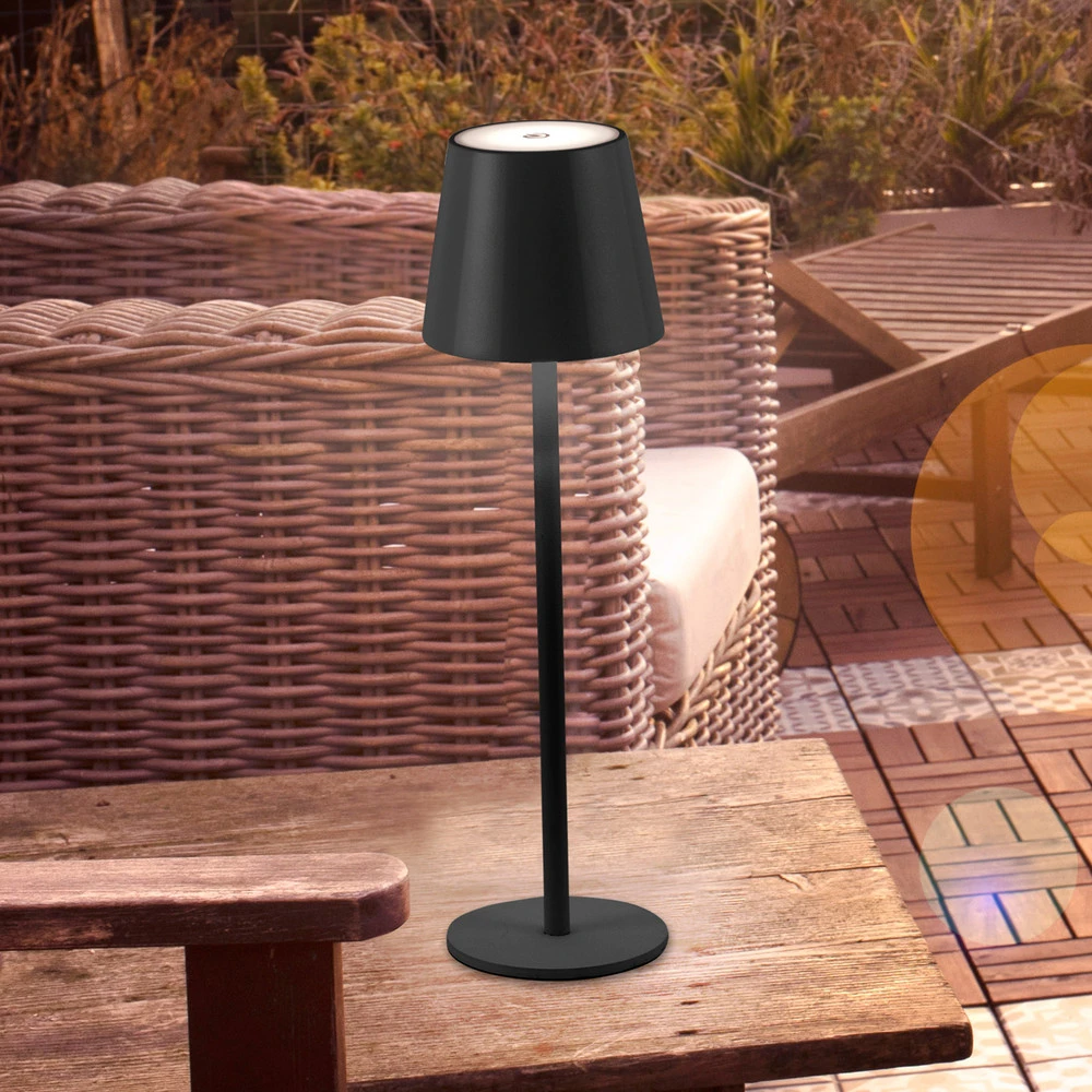 JUST LIGHT. Lampe de table LED à autonomie renouvelable Euria, noir, fer IP54 avec variateur d'intensité