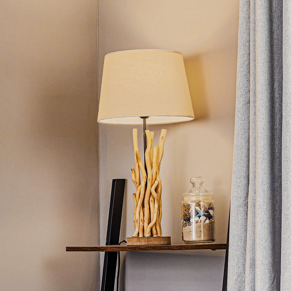 Lampe à poser Agar abat-jour tissu et élément bois (Certifié CE)