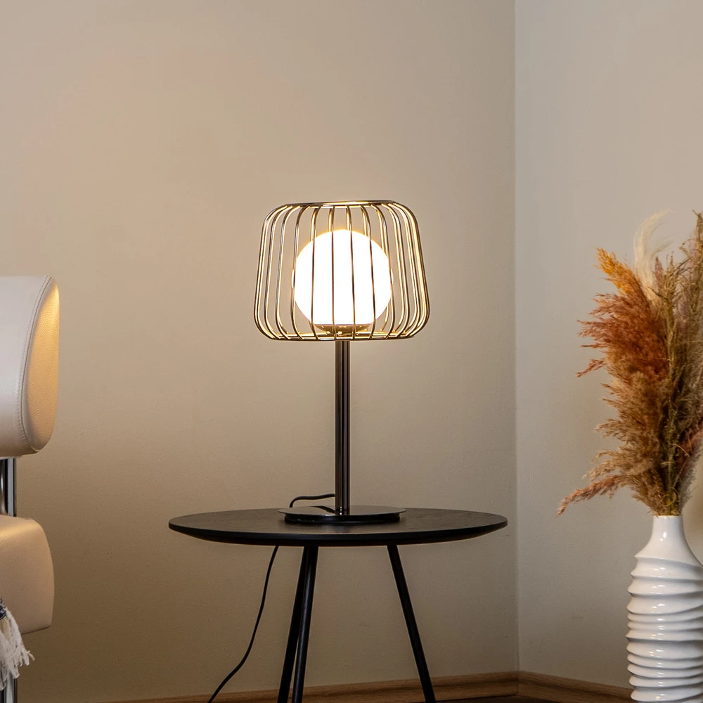 Lampe à poser Ladore abat-jour cage, noire-chromée pour salon et chambre