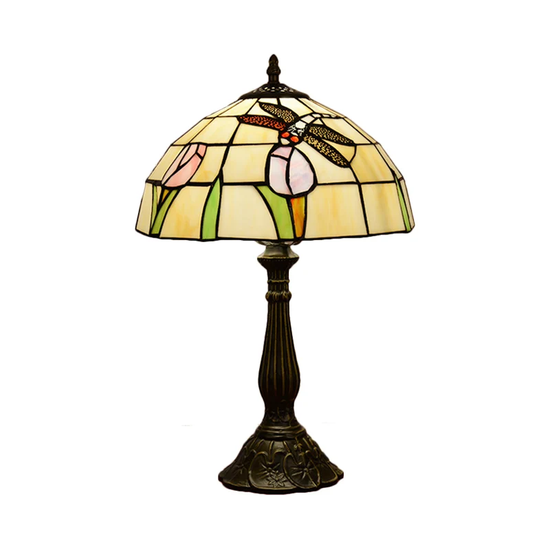 Lampe de table de chevet à 1 lumière libellule Tiffany sur éclairage de table rose orange/rose/beige avec abat-jour bol av...