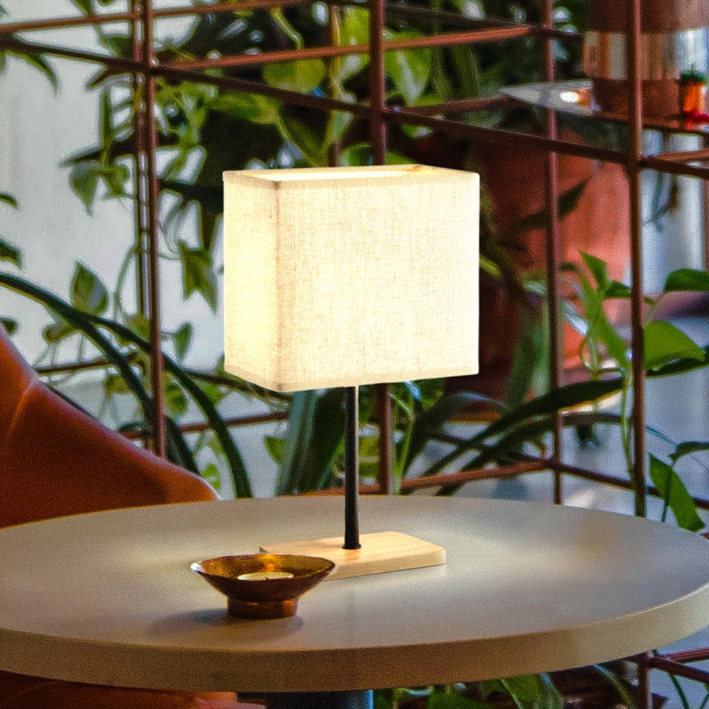 Lampe de table Kate abat-jour tissu, chêne naturel (Certifié CE)