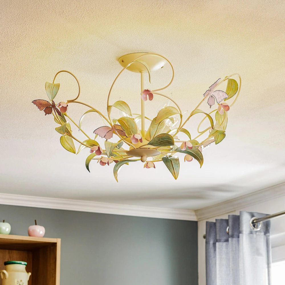 Plafonnier BUTTERFLY, crème/vert/rose, acier inoxydable, 5 lampes Sans outil d'installation