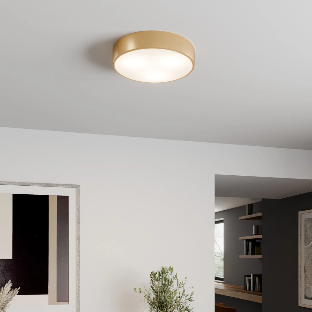 Plafonnier Cleo, Ø 40 cm, IP20, doré, métal, E27 en acrylique dépoli
