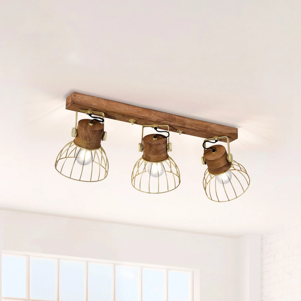 Plafonnier à suspension réglable Plafonnier Alami bois de manguier laiton mat 3 lampes.